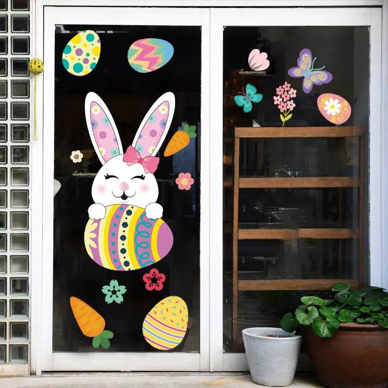 Happy Easter Window Stickers Rabbit Eggs Chick Wall Stickers Easter Decorations for Home Easter Party Bunny Wall Decals 220727