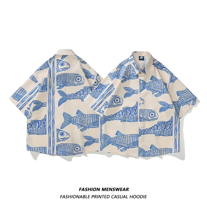 Büyük boyutlu Amerikan tarzı yaz kızarmış sokak moda küçük balık baskısı kişiselleştirilmiş erkek gündelik gömlek 220712