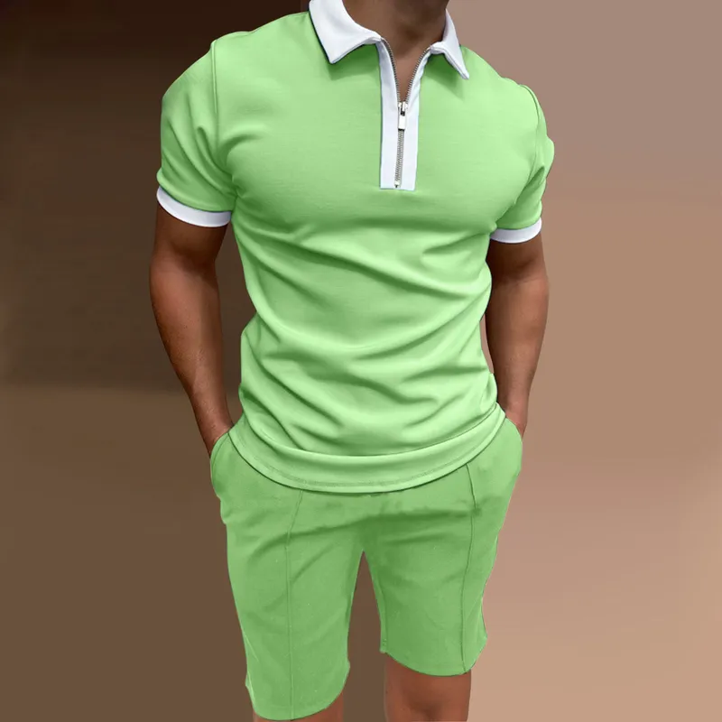 Vår sommarmän sportkläder set fast färg zippe lapel polo shirt kostym utomhus jogging casual sportshorts 2-stycke set 220601