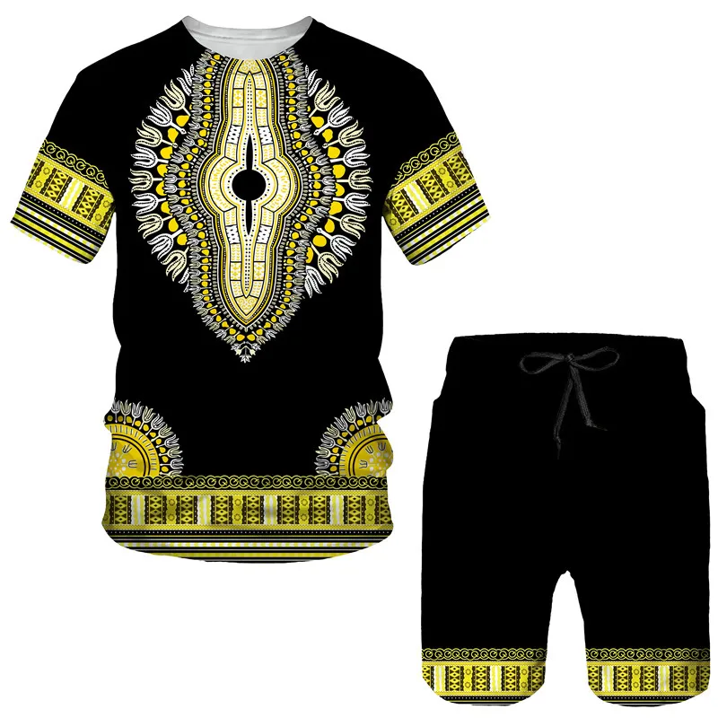 Été coloré africain Dashiki t-shirt pantalon costume décontracté impression 3D ethnique folk-personnalisé mâle 2 pièces ensemble de survêtement à manches courtes 220615