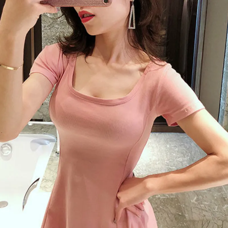 Kleid Frauen Solide Rüschen Sexy Dame Dünne Stretchy Mini Kleider Weibliche Kleidung A-linie Schlank Ulzzang Strand Trendy Nette Mädchen