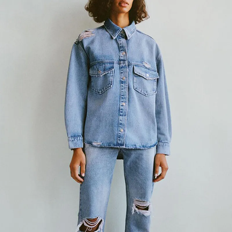CNlalaxury Spring Autumn Women Ripped Denim Cool Jacket Fashion Casual Loose Pocket Buttons Blouses Oversize Shirt Coat 220815