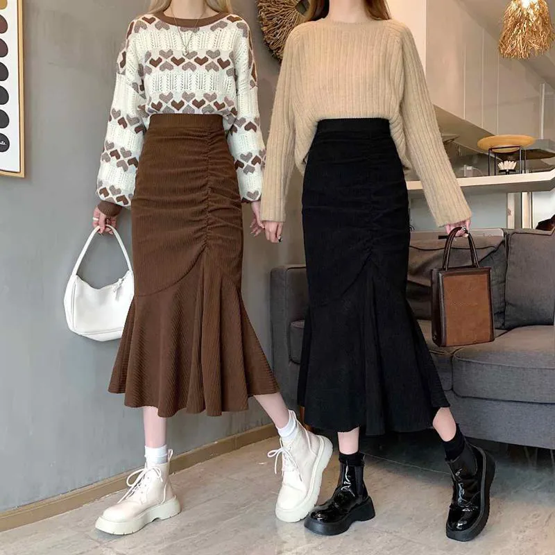 någonsin mode hög midja midi kjolar för kvinnor plus storlek S-2XL smal passform hip sjöjungfru kjol kvinna koreanska ruffles brun 220401