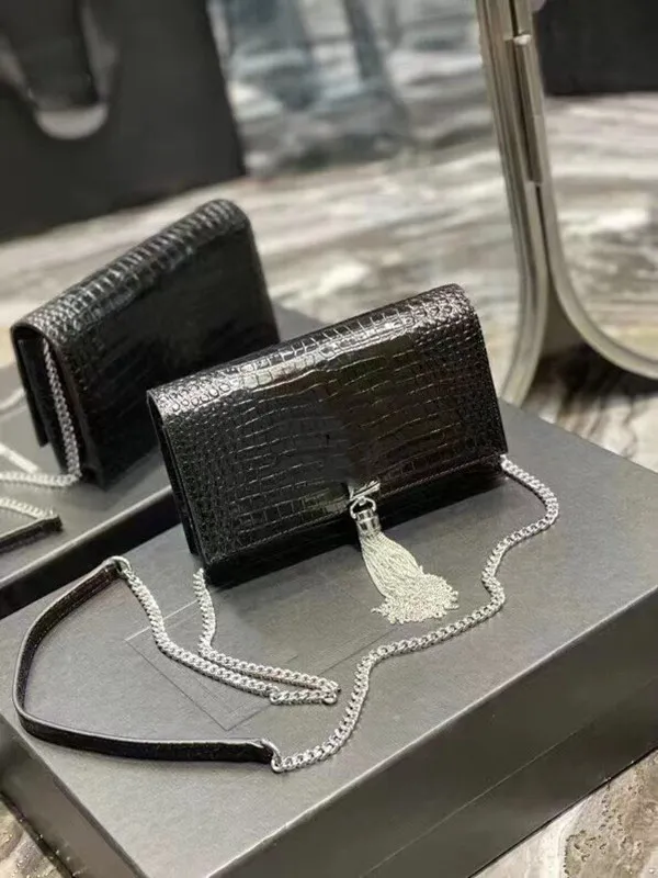 Luxurys designer läderväskor klassiska alligator prägling tofs kedja väska kvinnor äkta handväska crossbody väska femal tote handväska y15