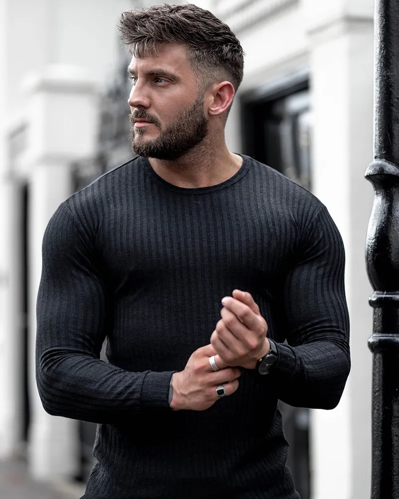 Muscleguys Autumn Fashion Men Thin Thined Sleeve Pullovers Man Oneck Slid Slim Fit Tops Tops Tops Pull Homme 220805