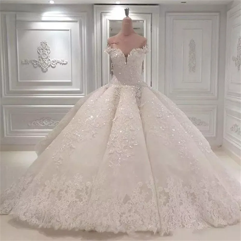 Luxury Princess Wedding Dresses Puffy Big Train Tulle Lace Beaded Crystal Real Photo Bride Gown Custom Made