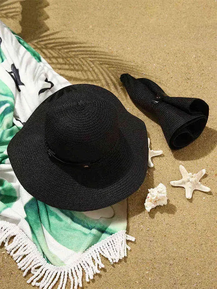 新しい日焼け止め巻き麦わら帽子の柔らかい形の麦わら帽子夏の女性ワイドブリムビーチサンキャップUV保護帽子G2204186188294
