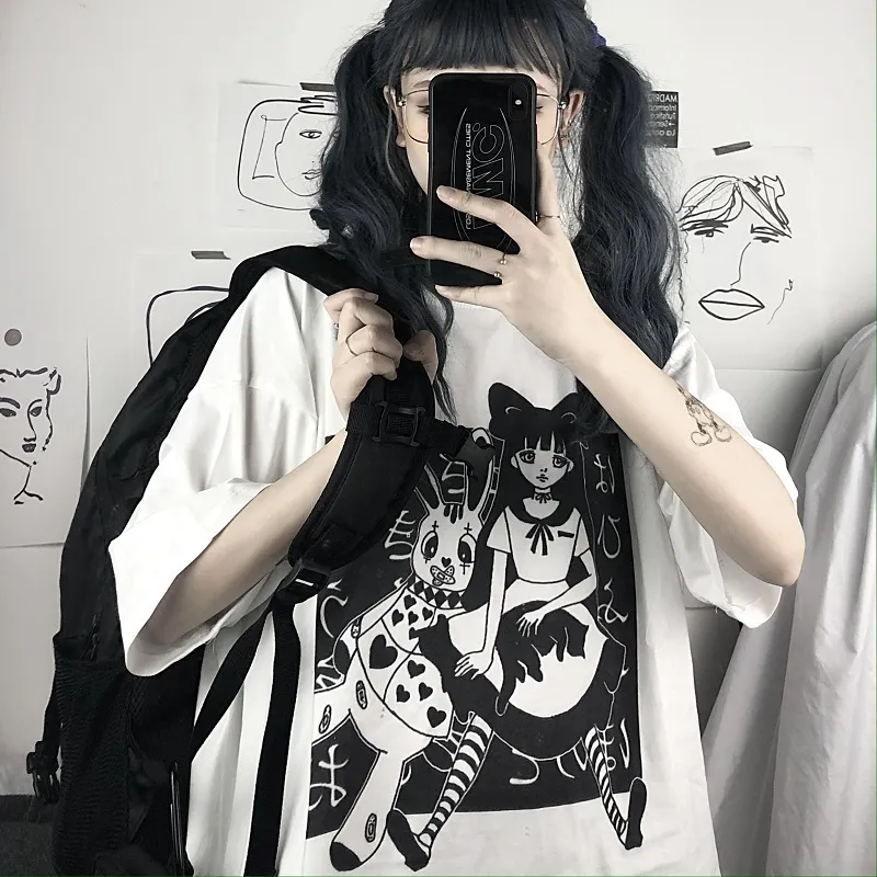 Harajuku t-shirt esthétique Punk dessin animé à manches courtes col rond hauts femmes goutte été ample surdimensionné vêtements de rue 220602
