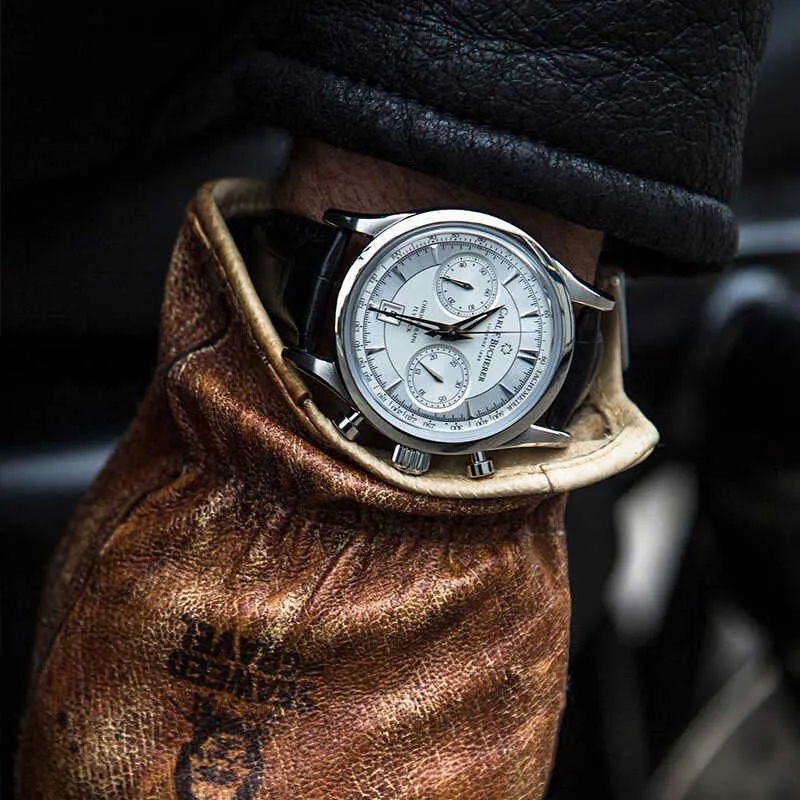 Карл F Watch Bucherer Dragon Flayback Chronograph Grey Blue Dial Top Top Leather Strap Quartz Male Watch Gift5311330