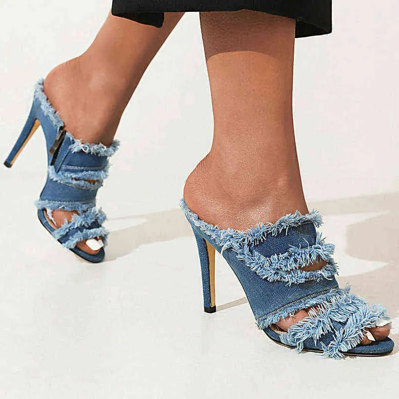 Sgesvier Denim Jeans Tissu Bleu Femmes Chaussures À Talons Hauts Diapositives 2022 Brand New Open Toe Pantoufles Slip-on Mules Sandales Taille 33-43 220610
