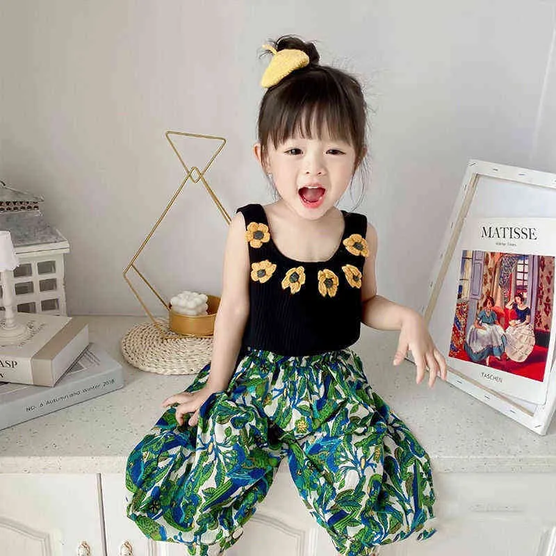Zomermeisjes Kleding Sets Bloempak Baby Mode Vest Tops   Bloemlantaarnbroeken Chiffon Pasgeboren Toddler Casual Outfits G220509