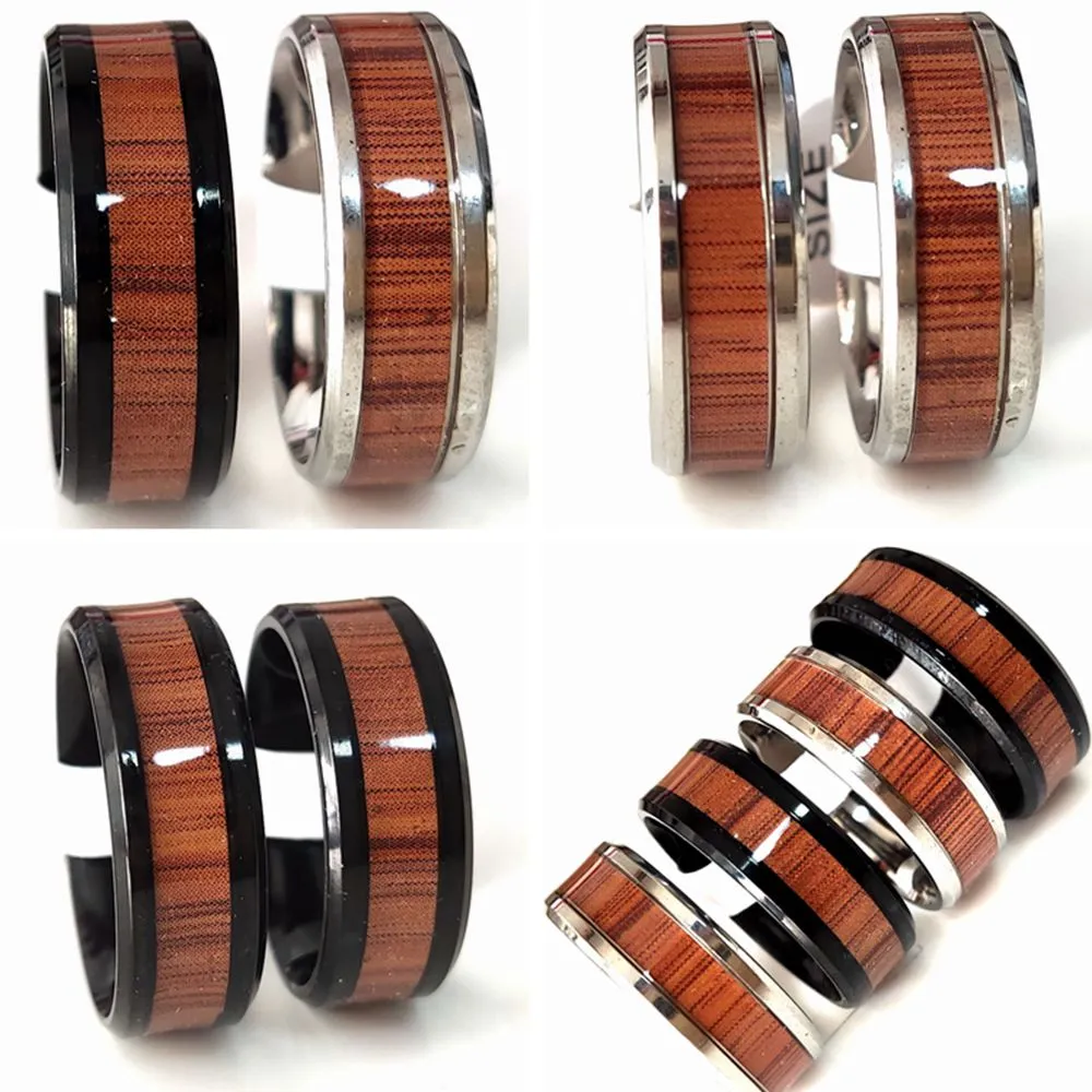 Lotes em massa exclusivos anel preto prateado de 8mm de ajuste de madeira embutida de madeira aço inoxidável ring246r