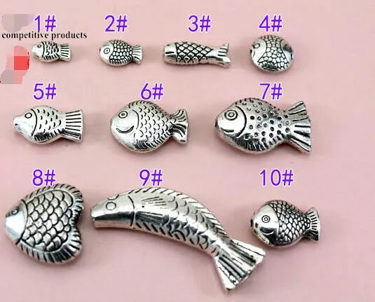 Fisk tibetansk silver stora hål pärlor antik lös pärlavstånd för DIY smycken tillverkning armband