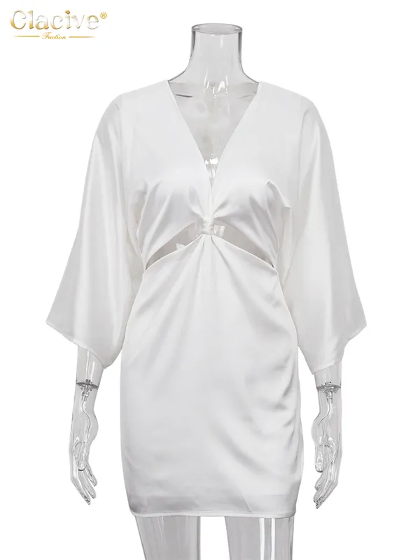 Clacive Abito estivo in raso bianco con scollo a V profondo Donna aderente Mezza manica Scava fuori Mini Ladies Party sexy setoso es 220704