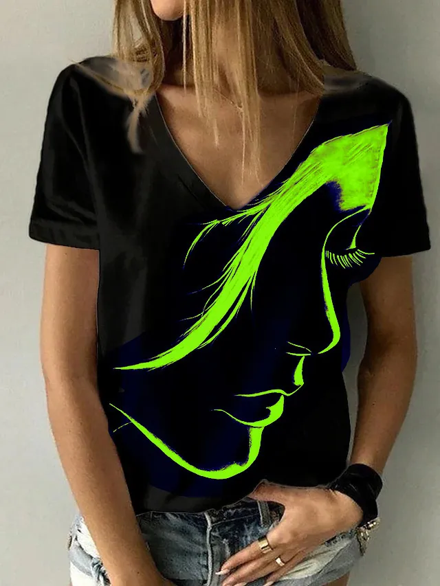 T-shirt con ritratto astratto da donna di moda T-shirt con stampa taglie forti Estate con scollo a V Top di base Camicia con stampa nera / 3D 220407