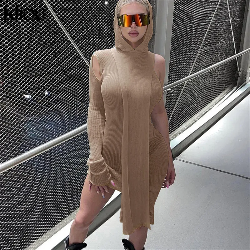 Kliou Knitted Dres Sexy See Through X-Long Hoody Tops+One Shoulder Drawstring Ruched Robe Skirt Hipster Future Streetwear 220402