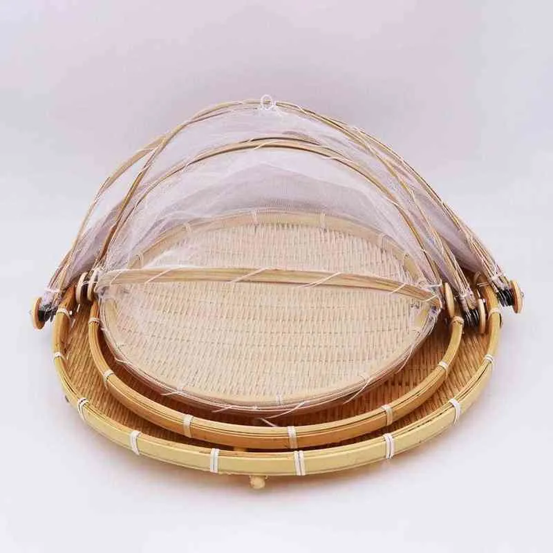 Handmade Bamboo Woven Portable Picnic Kitchen Protect Food Pane Piatti che servono Mesh Basket Anti-mosche Vassoio di frutta Net Tent Cover Y220526