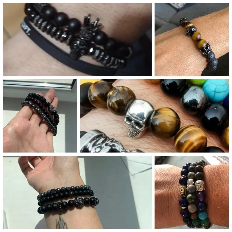 Brins de perles Mélange Pierre Naturelle Crâne Bracelets Porte-Bonheur Pierre De Sang Lave Oeil De Tigre Pour Hommes Punk Cool BraceletBangles Bijoux Gothi310o