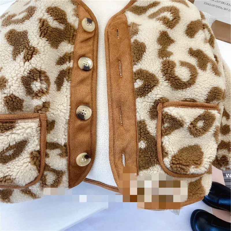 Cappotto da bambina in lana di agnello con stampa leopardata e cappotto spesso in velluto, cardigan caldo invernale, abbigliamento bambini ragazzi