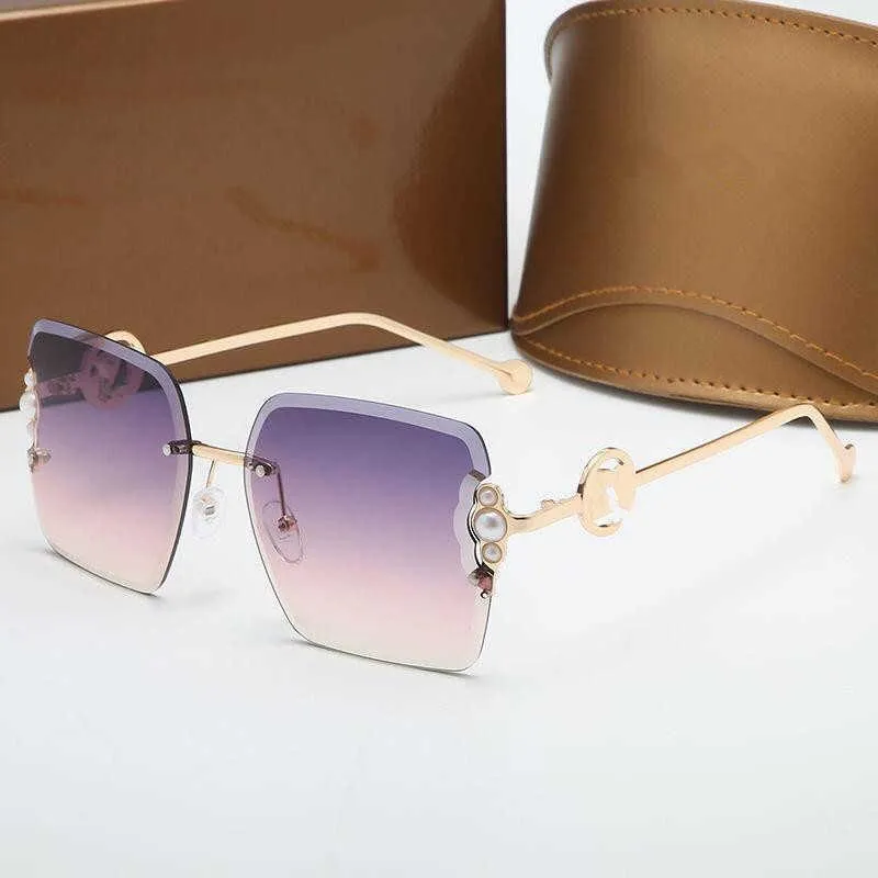 Yaz moda kadın güneş gözlükleri tasarımcı kare çerçevesiz sanat inci süslemeli altın metal tapınaklar premium doku basit ve ELE337J