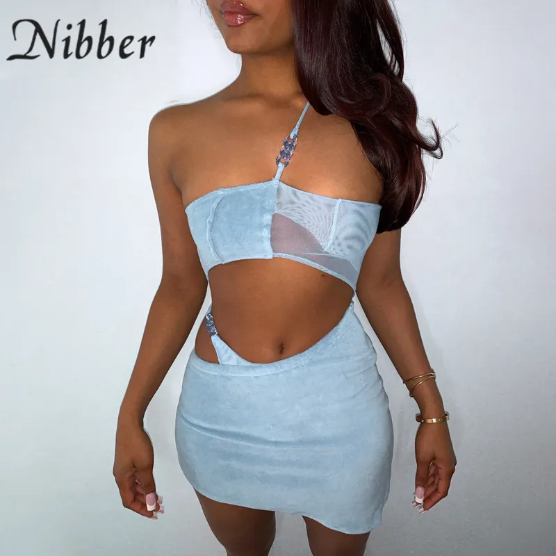 Nibber Summer Solid Color Y2K TwoPiece Set Short Asymmetrical Camisole Mini Skirt Hollowed Out Slim For Women Party Clubwear 220602