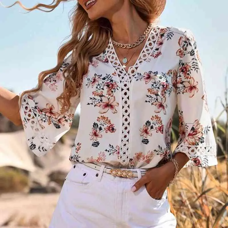 Bluzka letnia bluzka Damskie na pustej plaży noszenie kwiecistej nadruk koronkowy wkładka trąbka trąbka Mid Long Rleeve Fashion Prints Bluzka L220705