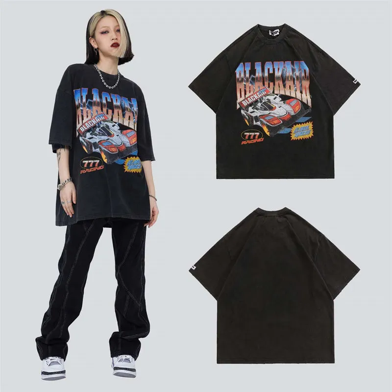 T-shirt da uomo auto da corsa stampa lavato grigio distress o-collo in cotone top harajuku streetwear casual hip hop magliette oversize