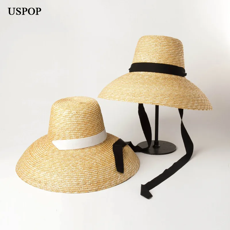 USPOP estate le donne paglia di grano naturale alto piatto top lungo nastro stringato sole cappelli da spiaggia a tesa larga 220607296I