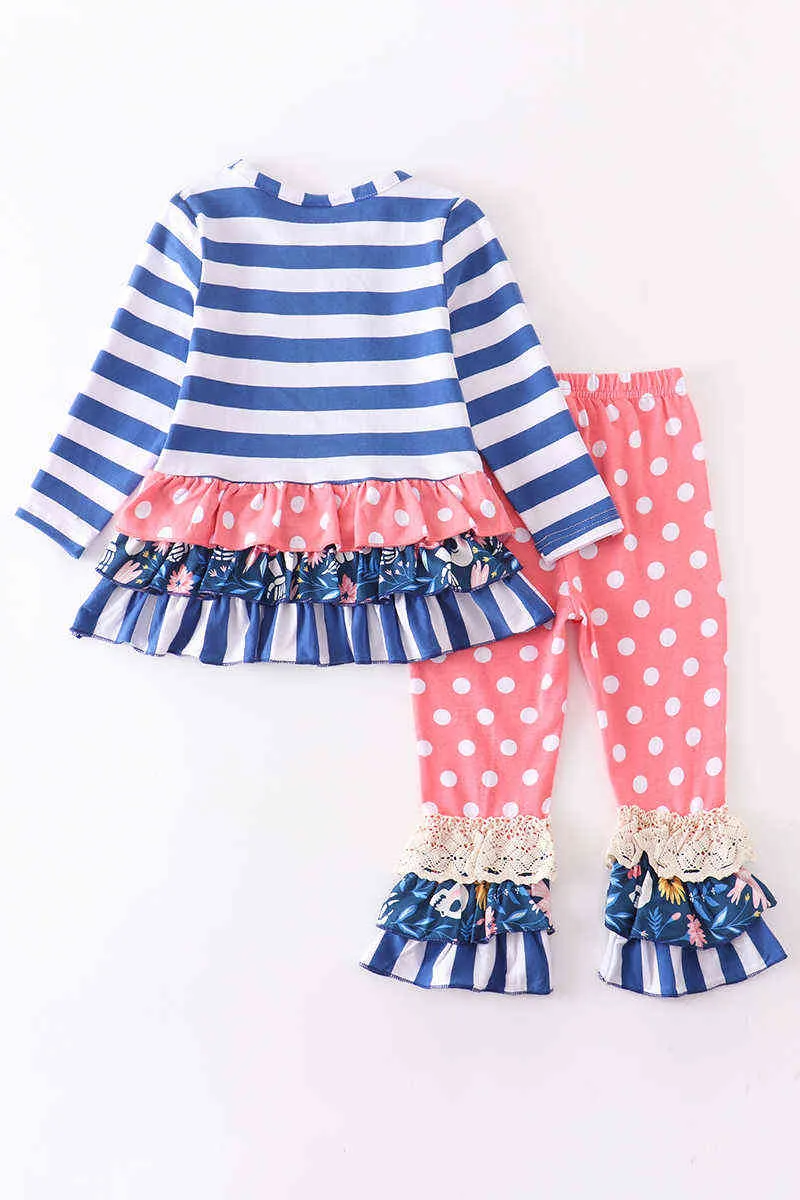 Girlymax, осенне-зимний комбинезон в полоску для маленьких девочек, штаны для малышей, хлопковый комплект с оборками, эксклюзивная одежда для сестры, детская одежда