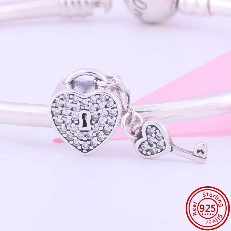 925 Sterling Silver Ciondola Charm Lock Key Lucchetto Cuore Love Pendant Moda Hollow Bead Fit Pandora Charms Bracciale Gioielli fai da te Accessori