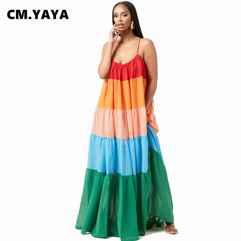 Cm.yaya dames lange jurk patchwork mouwloze riem slash nek losse maxi jurken casual mode Vestidos zomer outfits 220516