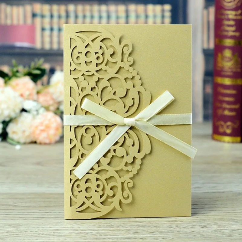 Laser Cut Invitation Lace Flower Menu Greeting Customize With RSVP Card Ribbon Wedding Party Decoration 220711