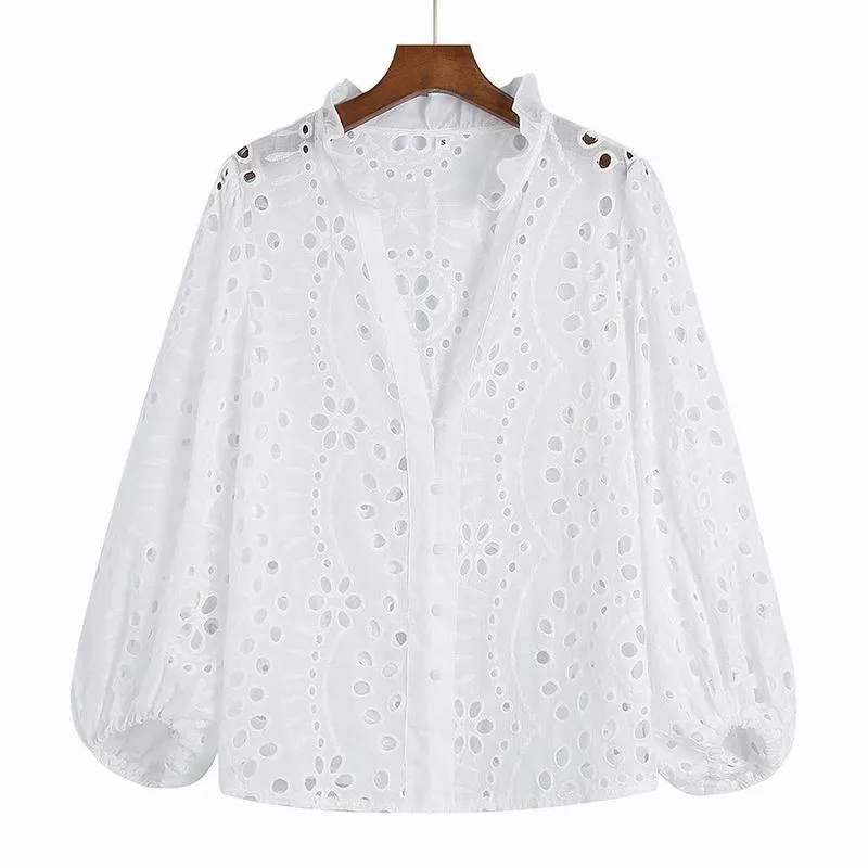 Women Lace Shirt Hollow Out Embroidery Blouse White Blue Green Rose Pink Summer Clothing Modern Girl Blusa Tops 220623