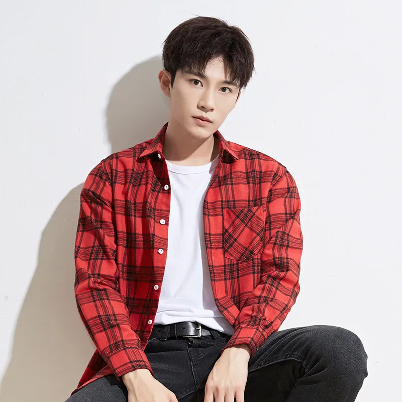 Red Yellow Fashion Trend Flannel Plaid Casual Shirt For Men Regular Fit Buttons Youth Campus Style Spring Autumn 220322