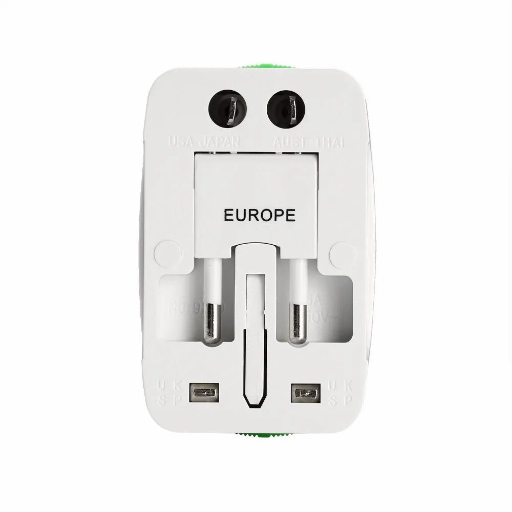 Adaptador internacional universal, todo en uno, cargador de pared de alimentación de CA para viaje, 2 puertos USB para UE, EE. UU., Reino Unido, AU, enchufe convertidor con paquete minorista