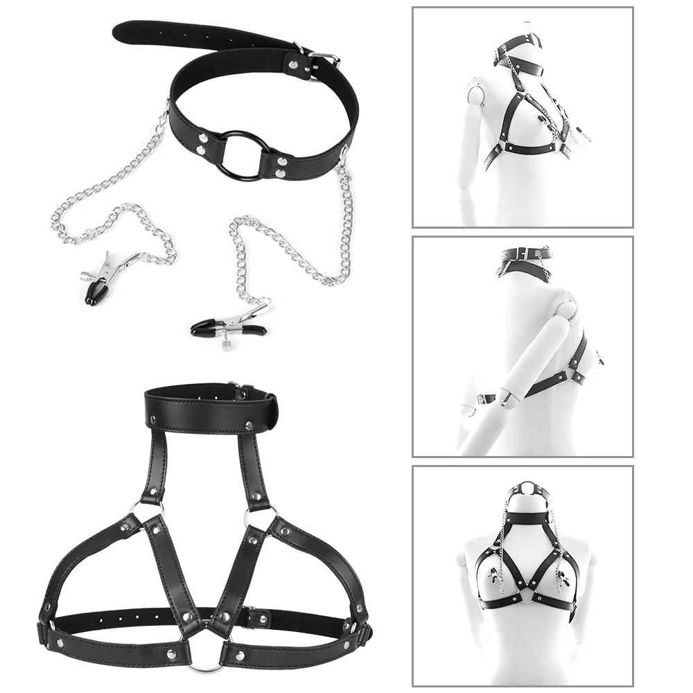 IKOKY Collar Leather Cupless Bra Restraint sexy Toys Nipple Clamps Women's Mouth Ring Gag 3 in 1 Bondage Set Adult Product