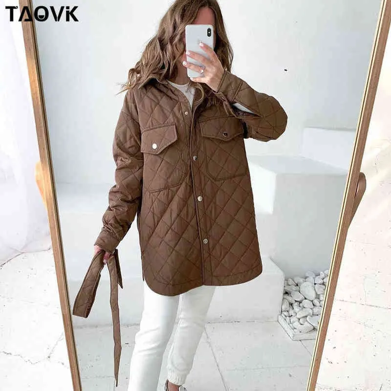 TAOVK Women's Clothing Shirt Style Lapel Mid-length Plaid Casual Belted Jacket Cotton Pockets Tailored Collar Stylish Outerwear L220730