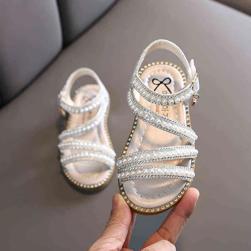 2022 Summer Sandals for Girls Shoes Beading Flats Princess Shoes Baby Dance Toddler Shoe Kids Sandals Child Beach Shoe Pink 1-12 G220523