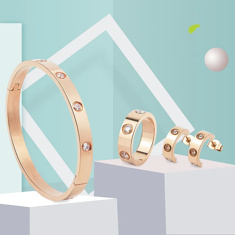 Moda lindo conjunto delicado pulseira de cristal e anel brinco para presente feminino amor pulseira jóias inteiras 220331259j