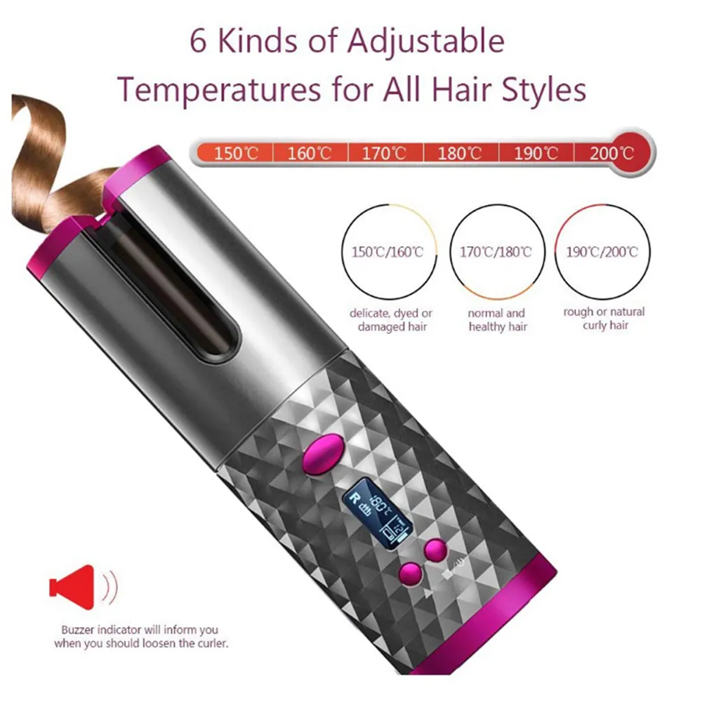 Nicare sem fio Automático Rotativo Cabelo Curador de Curador Curling Iron LED Display 6 Temperatura Fisista portátil ajustável