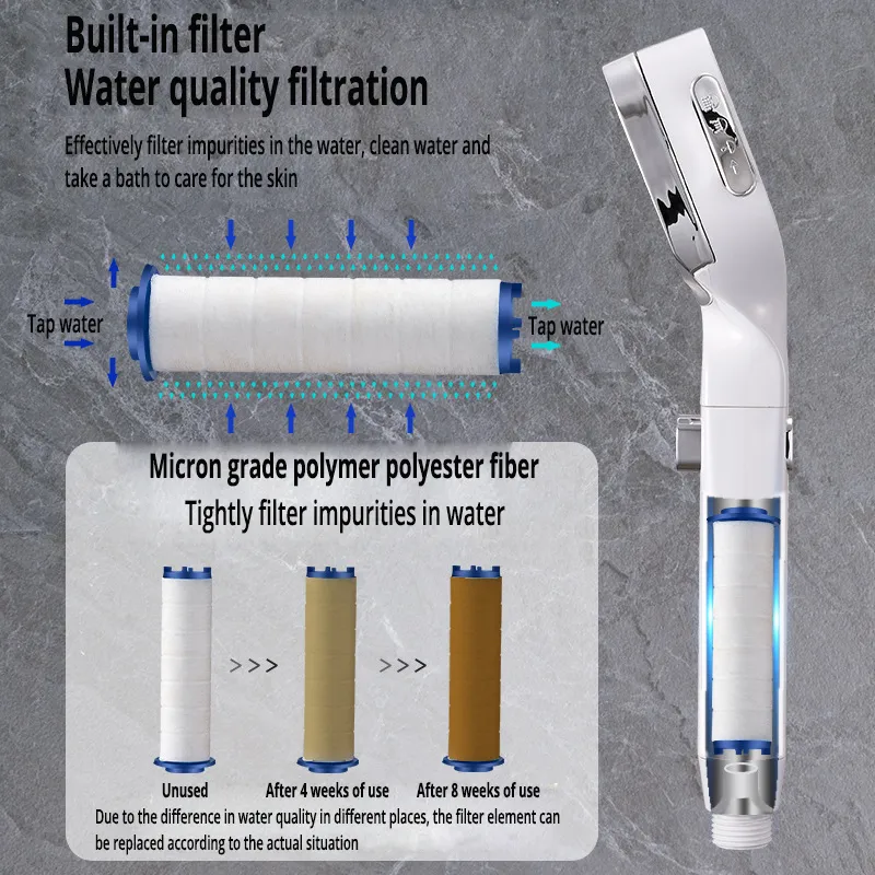 Högtrycksduschhuvud 4-lägen med strömbrytare på / av-knapp Spray Vattenbesparande duschmunstycke Filter Justerbart bad 220401