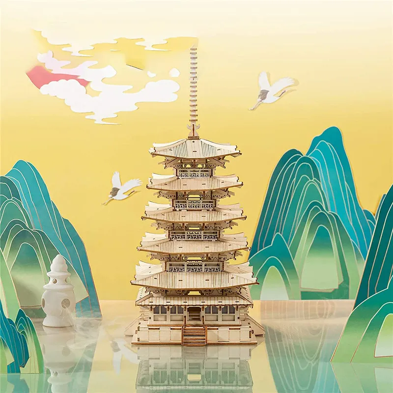 Robotime Rolife DIY 3D Five storied Pagoda Wooden Puzzle Game Assembly Constructor Toy Gift for Children Teen Adult TGN02 220715