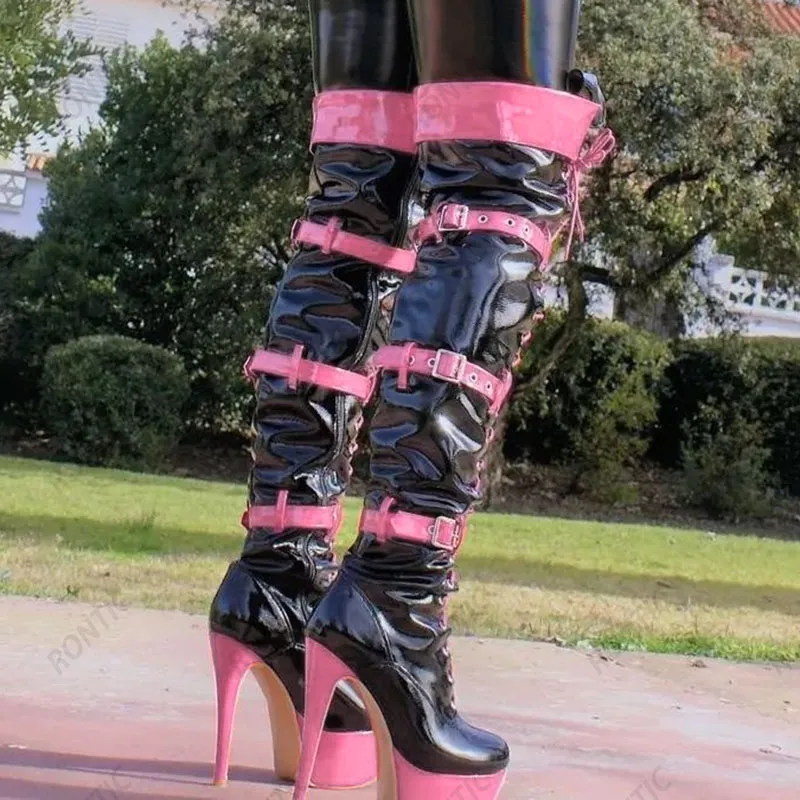 Rontic женщин зима над сапогами на коленях каблуки шпильки пряжка ремешок круглый носок великолепная красная розовая белая вечеринка обувь нас размером 5-20