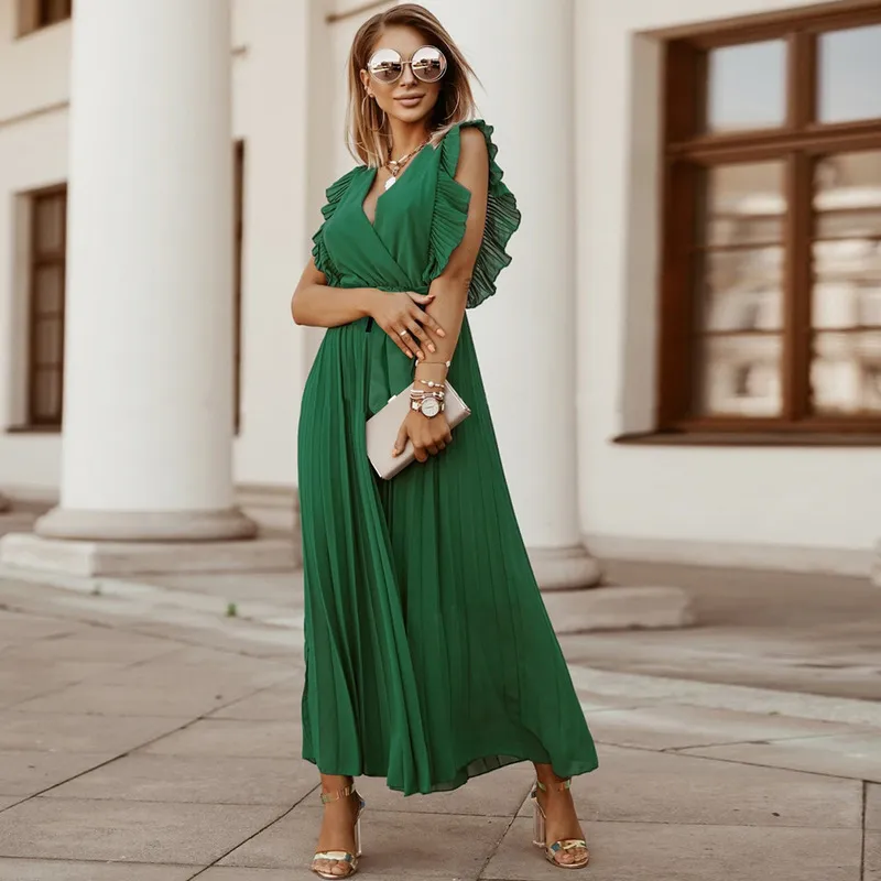 Fashion Sexy Slim Beach Long Dress Dresses for Women Summer Lotus Leaf Sleeve Midi Vestidos Vestido Maxi Robes Casual Black CX220331