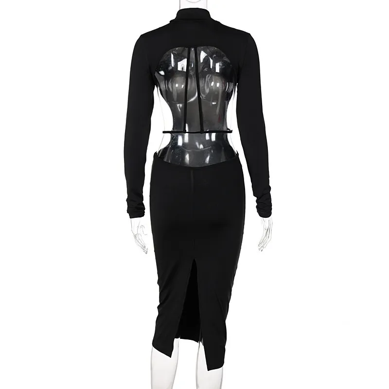 Elegant Backless Långärmad Slit Bodycon Dress For Women's Black Cut Out Sexig Party Evening Midi Klänningar Höst Kvinna Kläder 220406