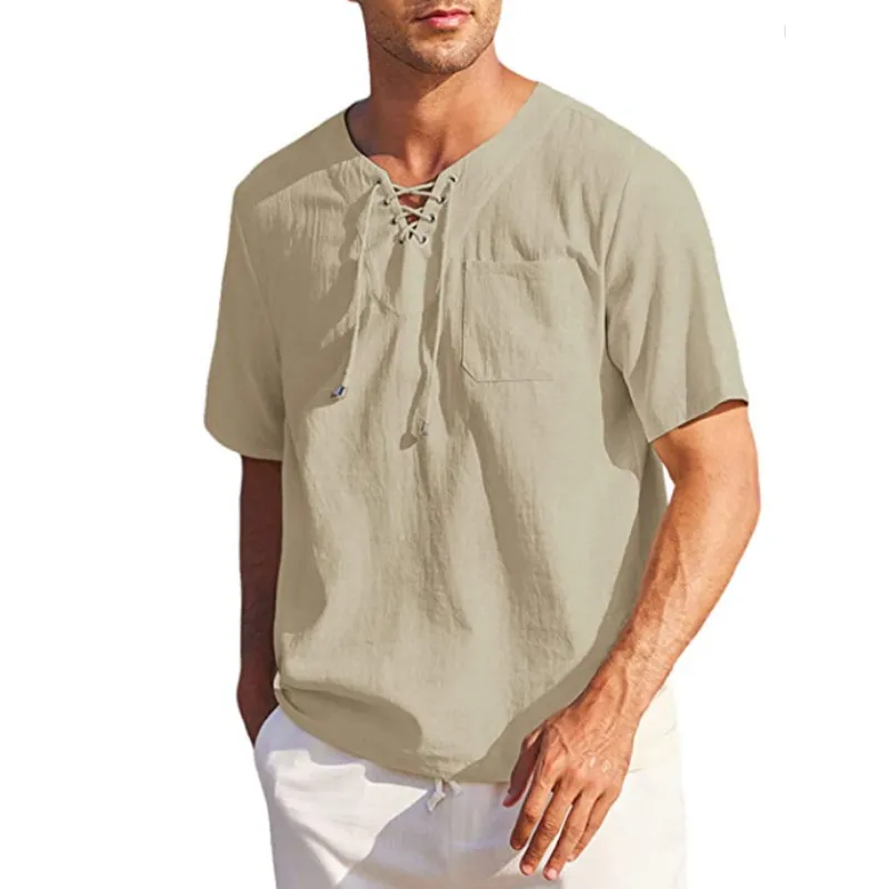 Camicia da uomo in cotone e lino a maniche corte maglietta moda scollo a V pizzo allentato magliette top casual estate spiaggia pullover camicetta magliette 220615