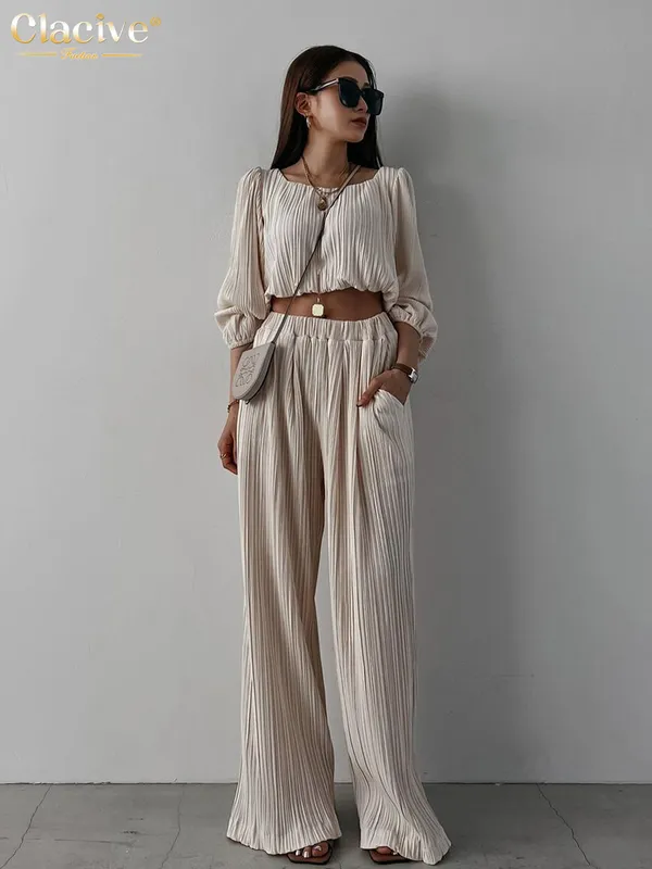 Clacive Sexy Beige Crop Shirts Womens Two Peice Sets Casual Loose Pleated Pants Set Female Summer High Waist Wide Trouser Suits 220511