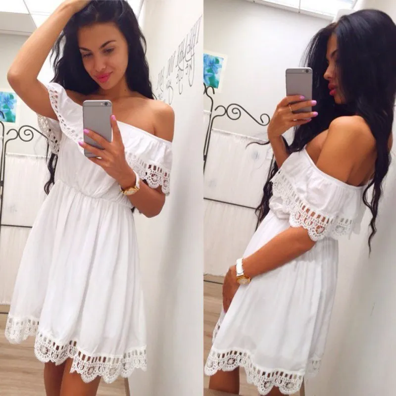 Mode femmes élégant Vintage dentelle douce robe blanche élégant Sexy Slash cou décontracté mince plage été robe d'été femme vestidos 220418