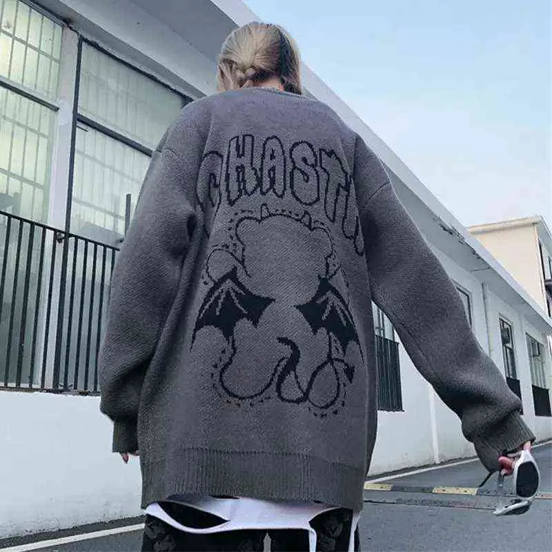 Cartoon gebreide trui mannen vrouwen dragen duivelpatroon zwarte jumpers hiphop harajuku college casual oversized nieuwe pullover unisex t220730