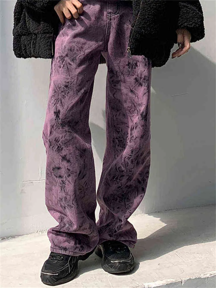 Фиолетовые джинсы галстуков Женщины весенняя осень Хай-стрит Прямой дизайн DWEILEN ABI Стиль Нейтральные брюки Джинсовые штаны Женщина L220726